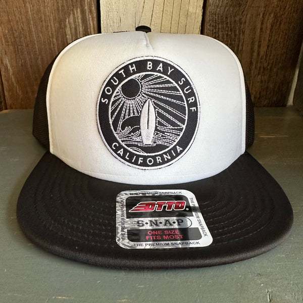 SOUTH BAY SURF (Navy Colored Patch) Trucker Hat - Black/White (Flat Brim)