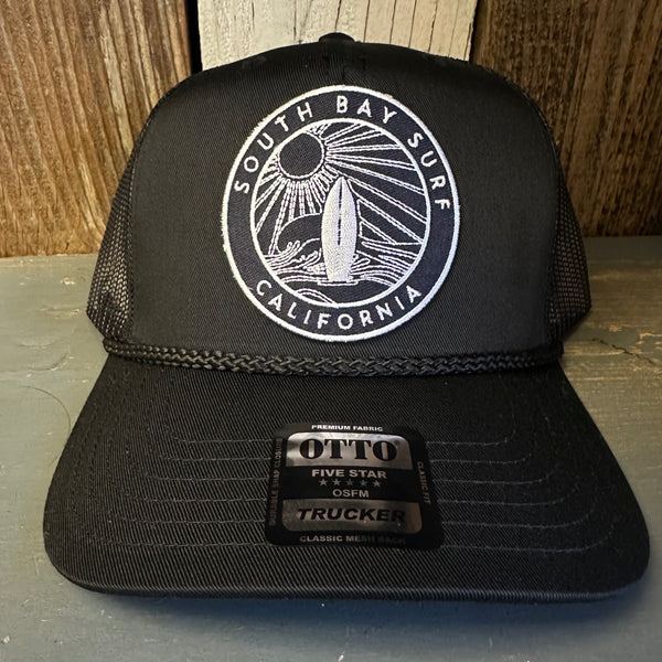 SOUTH BAY SURF (Navy Patch) 5 Panel Mid Profile Mesh Back Trucker Hat - Black