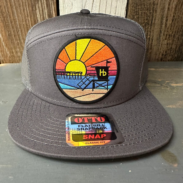 Hermosa Beach OBLIGATORY SUNSET 7 Panel Mid Profile Trucker Snapback Hat - Charcoal Grey
