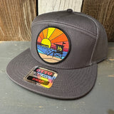 Hermosa Beach OBLIGATORY SUNSET 7 Panel Mid Profile Trucker Snapback Hat - Charcoal Grey