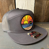 Hermosa Beach OBLIGATORY SUNSET 7 Panel Mid Profile Trucker Snapback Hat - Charcoal Grey