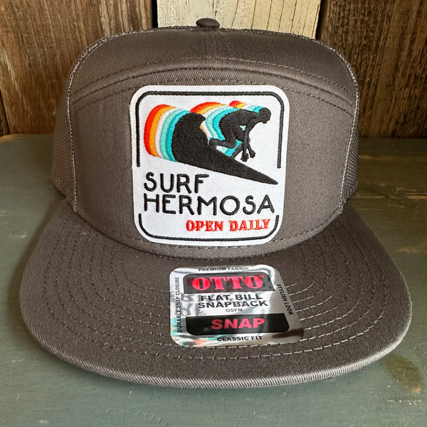 Hermosa Beach SURF HERMOSA :: OPEN DAILY 7 Panel Mid Profile Trucker Snapback Hat - Charcoal Grey