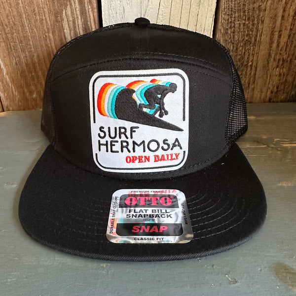 Hermosa Beach SURF HERMOSA :: OPEN DAILY 7 Panel Mid Profile Trucker Snapback Hat - Black