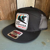 Hermosa Beach SURF HERMOSA :: OPEN DAILY 7 Panel Mid Profile Trucker Snapback Hat - Black
