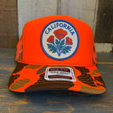 CALIFORNIA POPPY Trucker Hat - Neon Orange Hunters Camo/Camo Backing