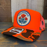 CALIFORNIA POPPY Trucker Hat - Neon Orange Hunters Camo/Camo Backing