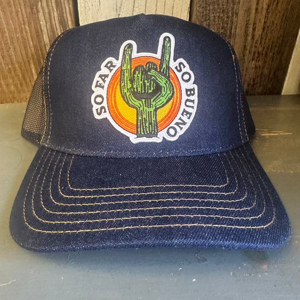 SO FAR...SO BUENO Premium Denim Trucker Hat - Navy/Gold Stitching