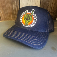SO FAR...SO BUENO Premium Denim Trucker Hat - Navy/Gold Stitching