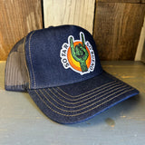 SO FAR...SO BUENO Premium Denim Trucker Hat - Navy/Gold Stitching