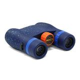 Dark blue waterproof binoculars with orange focus knob and textured grip, shown from an angle.