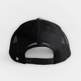 Black mesh snapback hat shown from the back, featuring an adjustable closure for a custom fit.