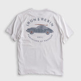 White organic cotton pocket tee featuring a vintage car graphic on the back; casual use.