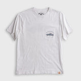 White organic cotton pocket t-shirt with front logo on gray background; casual wear.