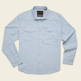 Sky blue long sleeve tech shirt, lightweight fabric with UPF 35, two chest pockets; displayed flat.