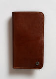 Cognac leather wallet with visible stitching and metal button, designed for everyday carrying, shown on a white background.