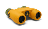 Waterproof binoculars in orange and green with textured grip, suitable for kids and travel use.