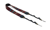 Geometric-patterned woven strap for cameras or binoculars, with black adjustable ends.