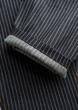 Striped denim pants in blue with selvedge edge and contrast stitching, suitable for casual wear.