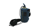 Blue recycled fabric tube caddy with drawstring closure and black adjustable shoulder strap for carrying essentials.