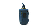 Blue and olive insulated tube holder with drawstring top and black patch label, designed for carrying small items.