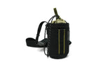 Black and green recycled-fabric bottle holder with strap and drawstring closure for carrying drinks.