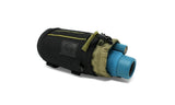 A blue collapsible dog bowl is rolled up and partly tucked into a recycled fabric travel pouch.