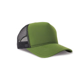 Olive green trucker hat with black mesh back panel on white background