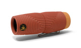Red and orange foam roller with a logo on a white background