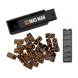 Black and orange dominoes set with packaging on a white background