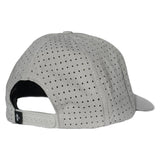 Light gray performance snapback hat, viewed from back and side, featuring adjustable closure and lightweight fabric.