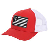 Red and white trucker hat with mesh back, black and white American flag patch. Available in six colors.