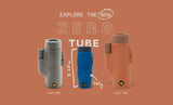 Three types of 'Zero Tube' products on a brown background with text promoting the product.