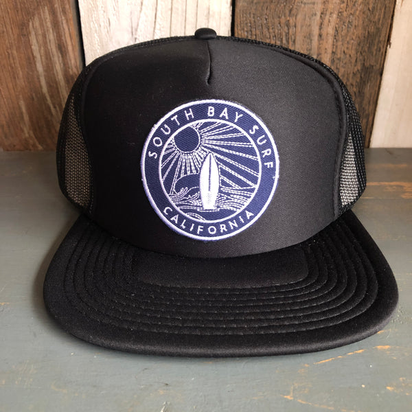 SOUTH BAY SURF (Navy Colored Patch) Trucker Hat - Black (Flat Brim)