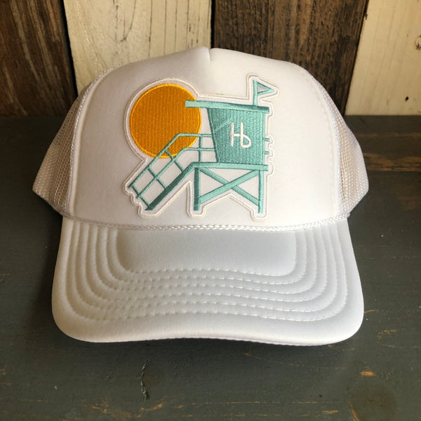 Hermosa Beach LIFEGUARD TOWER Mid Crown Trucker Hat - White