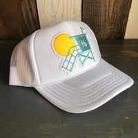 Hermosa Beach LIFEGUARD TOWER Mid Crown Trucker Hat - White