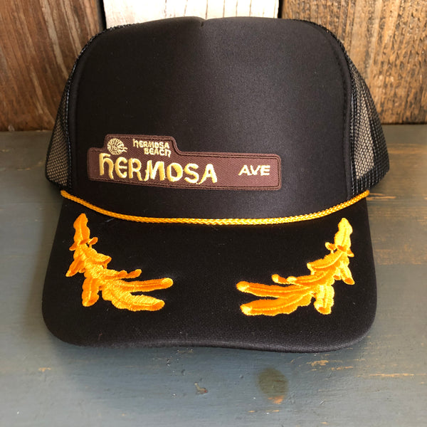 Hermosa Beach HERMOSA AVE 5 Panel High Crown Mesh Back Captain Trucker Hat- Black/Gold