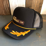 Hermosa Beach HERMOSA AVE 5 Panel High Crown Mesh Back Captain Trucker Hat- Black/Gold