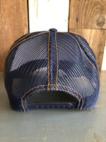 Hermosa Beach LIFEGUARD TOWER Premium Denim Trucker Hat - Navy/Gold Stitching