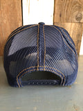 Hermosa Beach WELCOME SIGN Premium Denim Trucker Hat - Navy/Gold Stitching