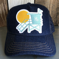 Hermosa Beach LIFEGUARD TOWER Premium Denim Trucker Hat - Navy/Gold Stitching