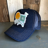 Hermosa Beach LIFEGUARD TOWER Premium Denim Trucker Hat - Navy/Gold Stitching