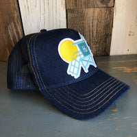 Hermosa Beach LIFEGUARD TOWER Premium Denim Trucker Hat - Navy/Gold Stitching