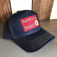 Hermosa Beach WELCOME SIGN Premium Denim Trucker Hat - Navy/Gold Stitching