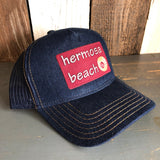 Hermosa Beach WELCOME SIGN Premium Denim Trucker Hat - Navy/Gold Stitching