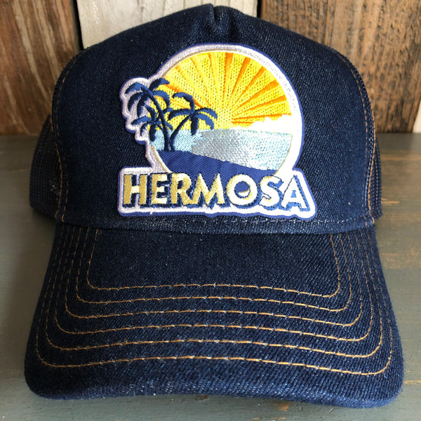 Hermosa Beach FIESTA Premium Denim Trucker Hat - Navy/Gold Stitching