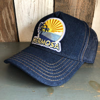 Hermosa Beach FIESTA Premium Denim Trucker Hat - Navy/Gold Stitching