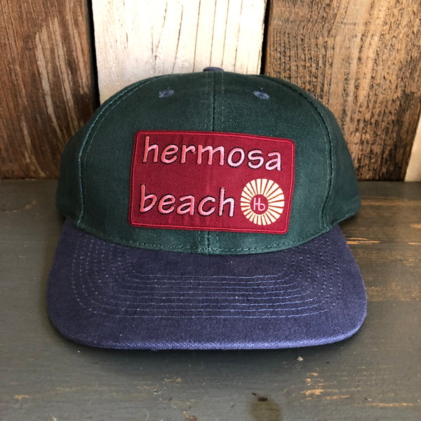 Hermosa Beach WELCOME SIGN - 6 Panel Low Profile Baseball Cap with Adjustable Strap with Press Buckle - Dark Green/Navy