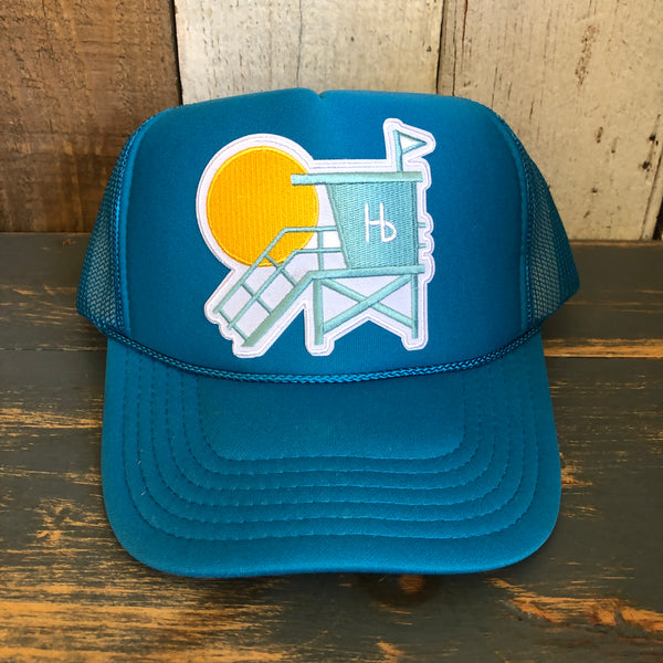 Hermosa Beach LIFEGUARD TOWER Trucker Hat - Neon Blue