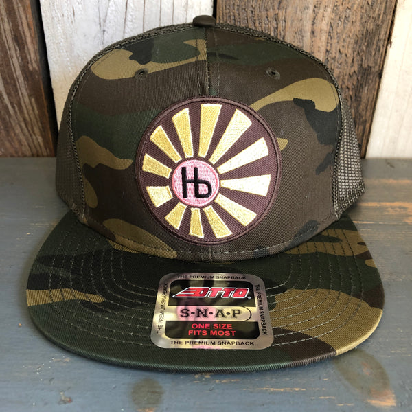Hermosa Beach SUNBEAMS Camouflage 6 Panel Mid Profile Mesh Back Snapback Trucker Hat - Dark Green/Brown/Dark Olive Green