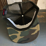 Hermosa Beach LIFEGUARD TOWER Camouflage 6 Panel Mid Profile Mesh Back Snapback Trucker Hat - Dark Green/Brown/Dark Olive Green